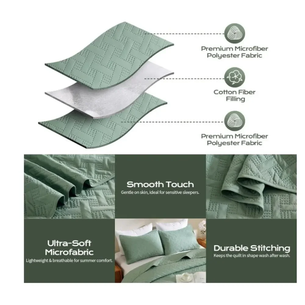 JYHOPE Sage Green Twin Quilt 68x90 Lightweight Microfabric Bedspread & Shams Set